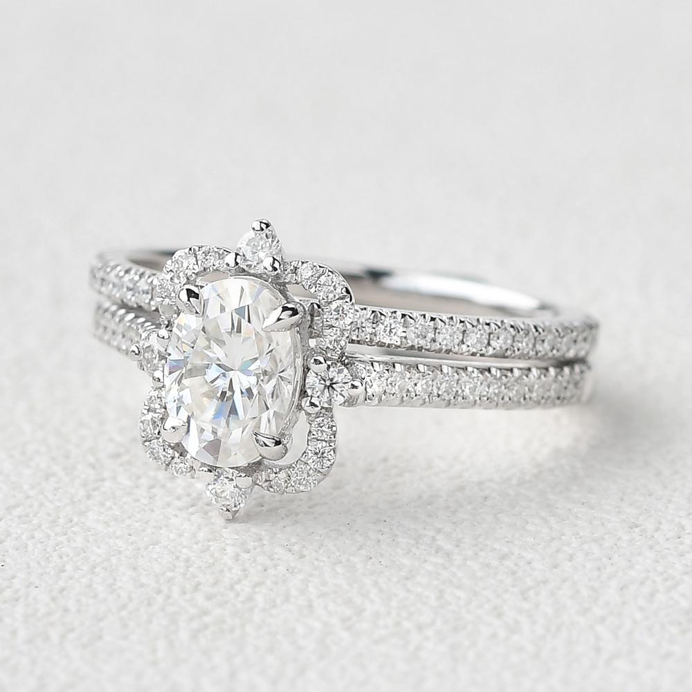 1.21CT Oval Cut Moissanite Vintage Halo Bridal Ring Set