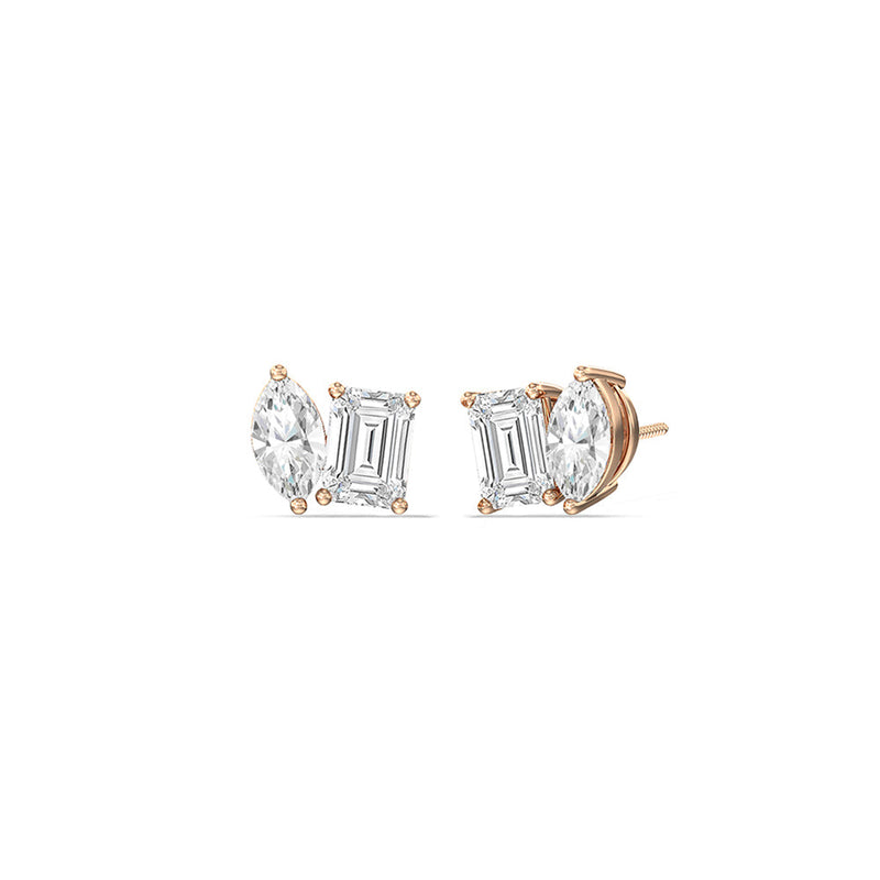 Marquise & Emerald Moissanite Two Stone Diamond Stud Earrings