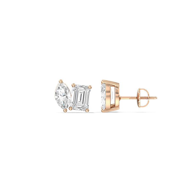 Marquise & Emerald Moissanite Two Stone Diamond Stud Earrings