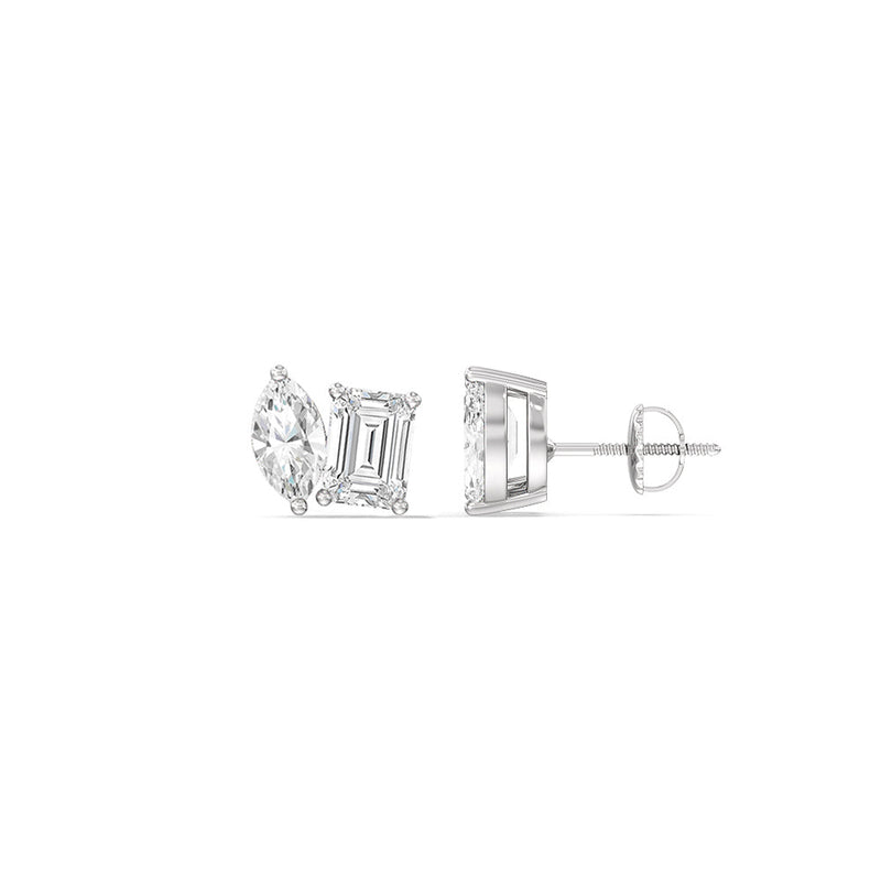 Marquise & Emerald Moissanite Two Stone Diamond Stud Earrings