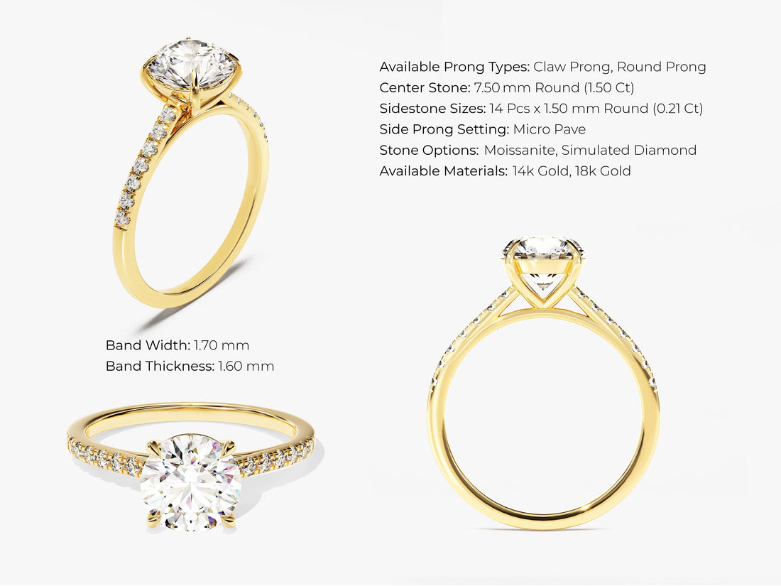 Cathedral Round Cut Moissanite Engagement Ring with Pave Set Side Stones (1.50 CT)