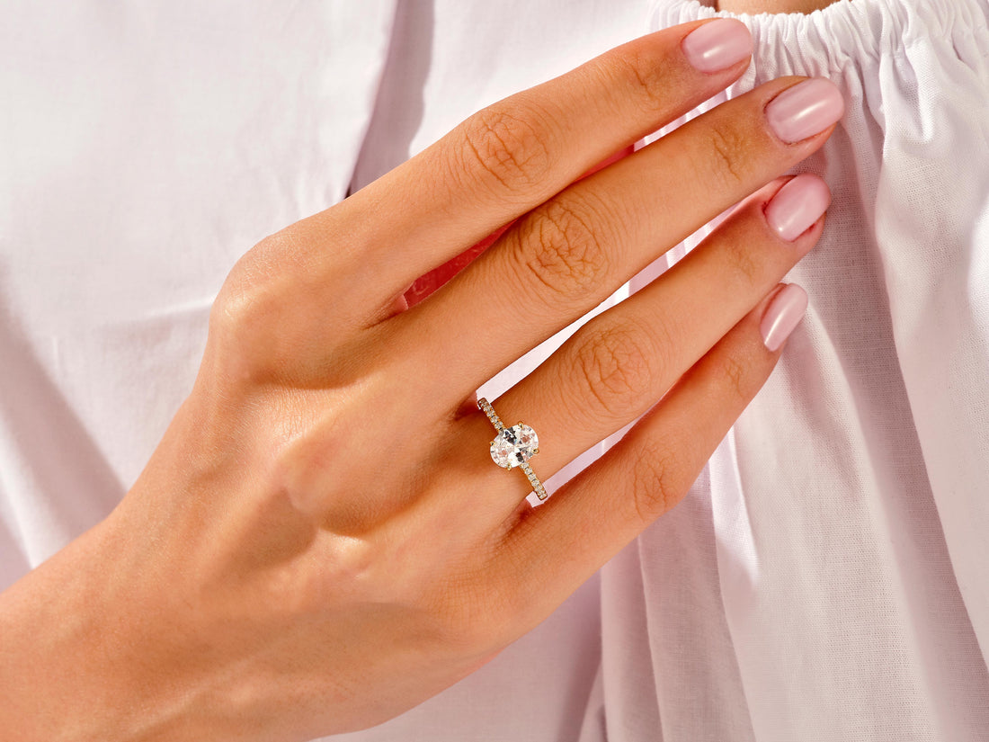 Cathedral Oval Cut Moissanite Engagement Ring with Pave Set Side Stones (1.50 CT)