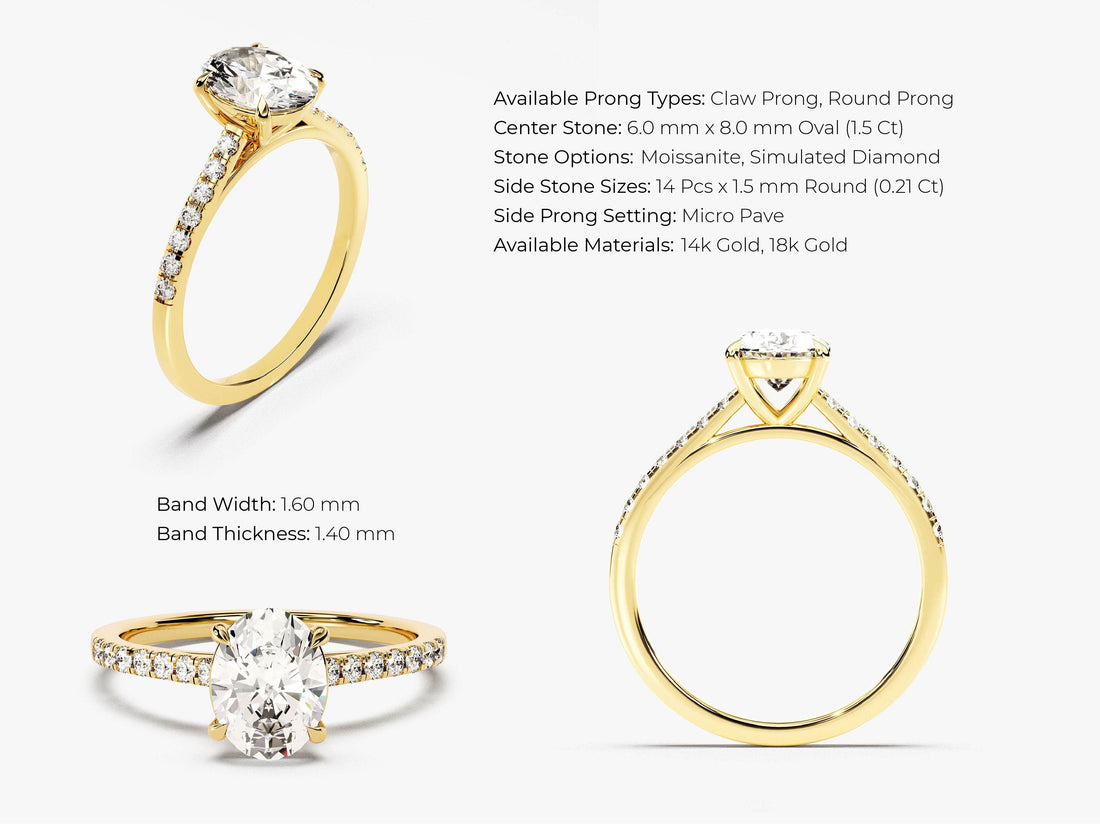 Cathedral Oval Cut Moissanite Engagement Ring with Pave Set Side Stones (1.50 CT)