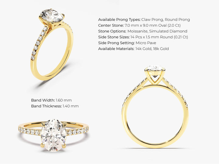 Cathedral Oval Cut Moissanite Engagement Ring with Pave Set Side Stones (2.00 CT)