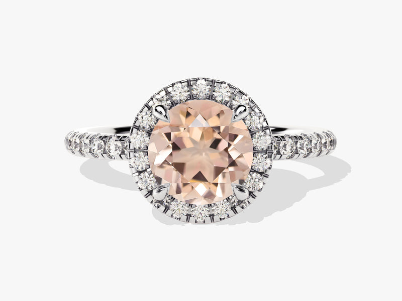 Round Cut Peach Morganite Halo Engagement Ring with Sidestones