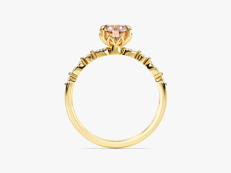 Round Cut Peach Morganite Engagement Ring with Round and Marquise Sidestones