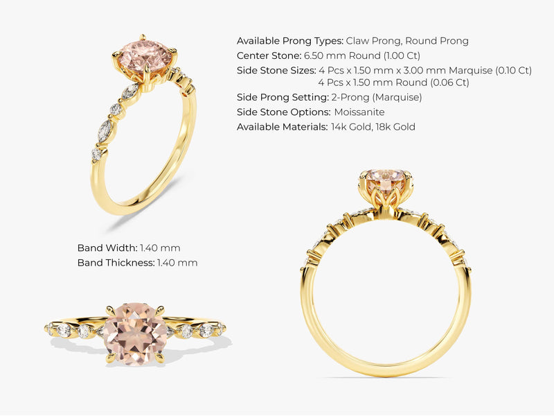Round Cut Peach Morganite Engagement Ring with Round and Marquise Sidestones