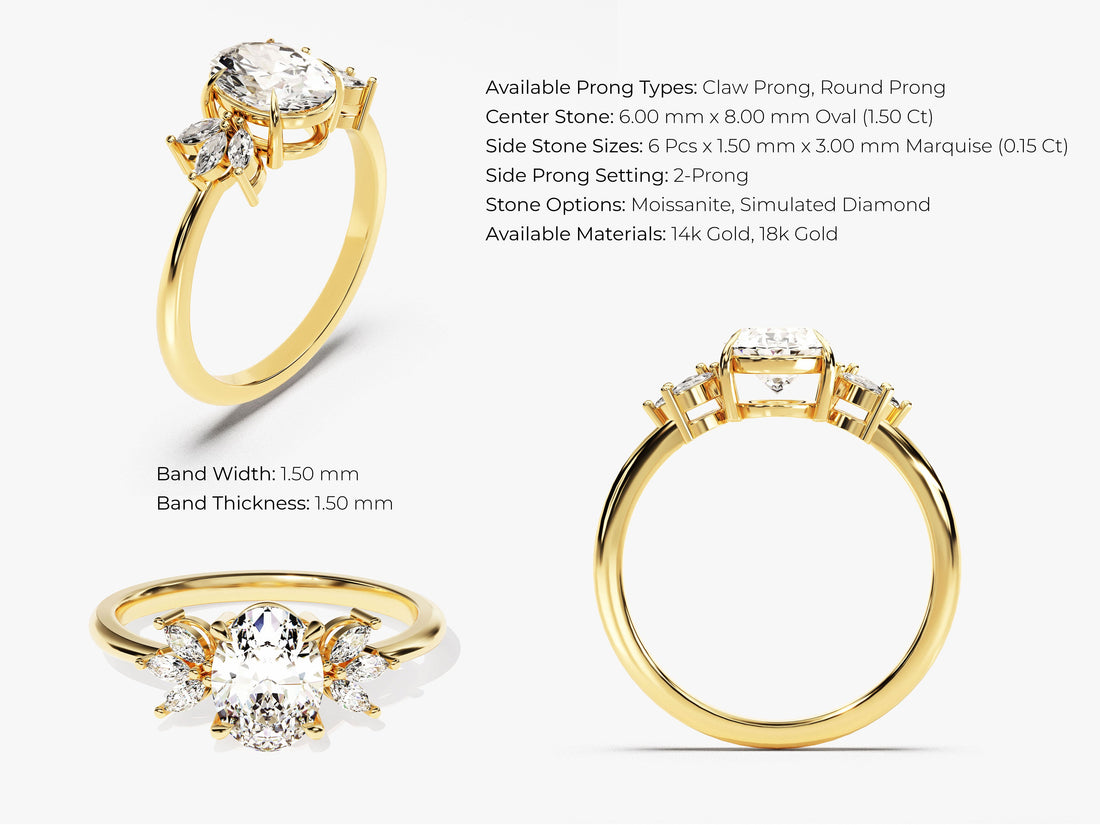 Marquise Cluster Accent Oval Cut Moissanite Engagement Ring (1.50 CT)