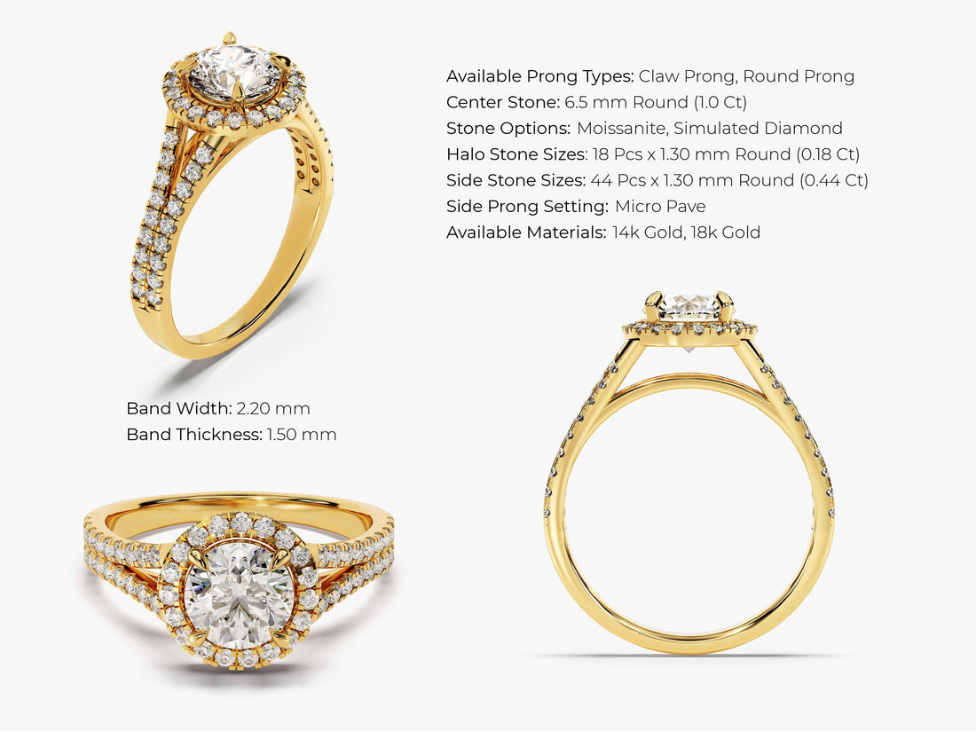 Split Double Band Halo Moissanite Engagement Ring (1.00 CT)