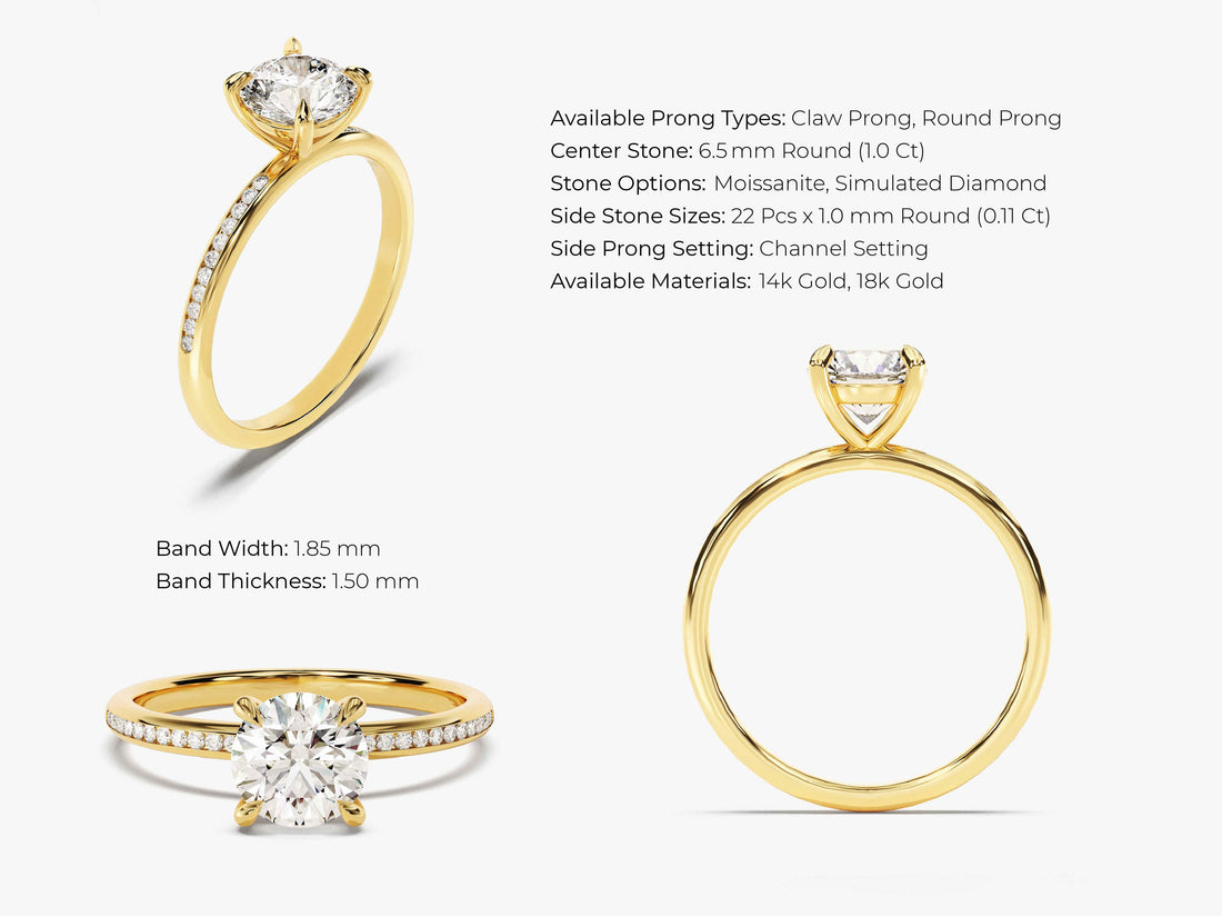 Round Cut Moissanite Engagement Ring with Channel Set Sidestones (1.00 CT)