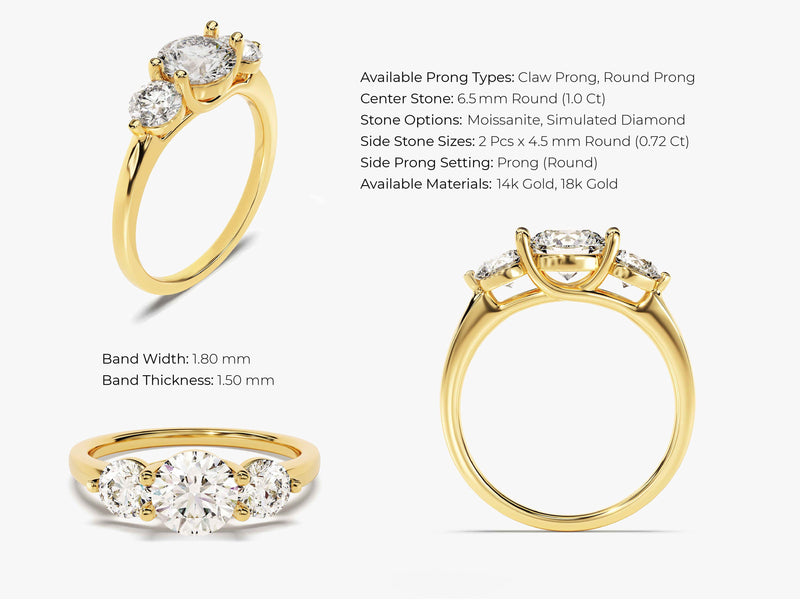 Round Cut Three Stone Moissanite Engagement Ring (1.75 CT)
