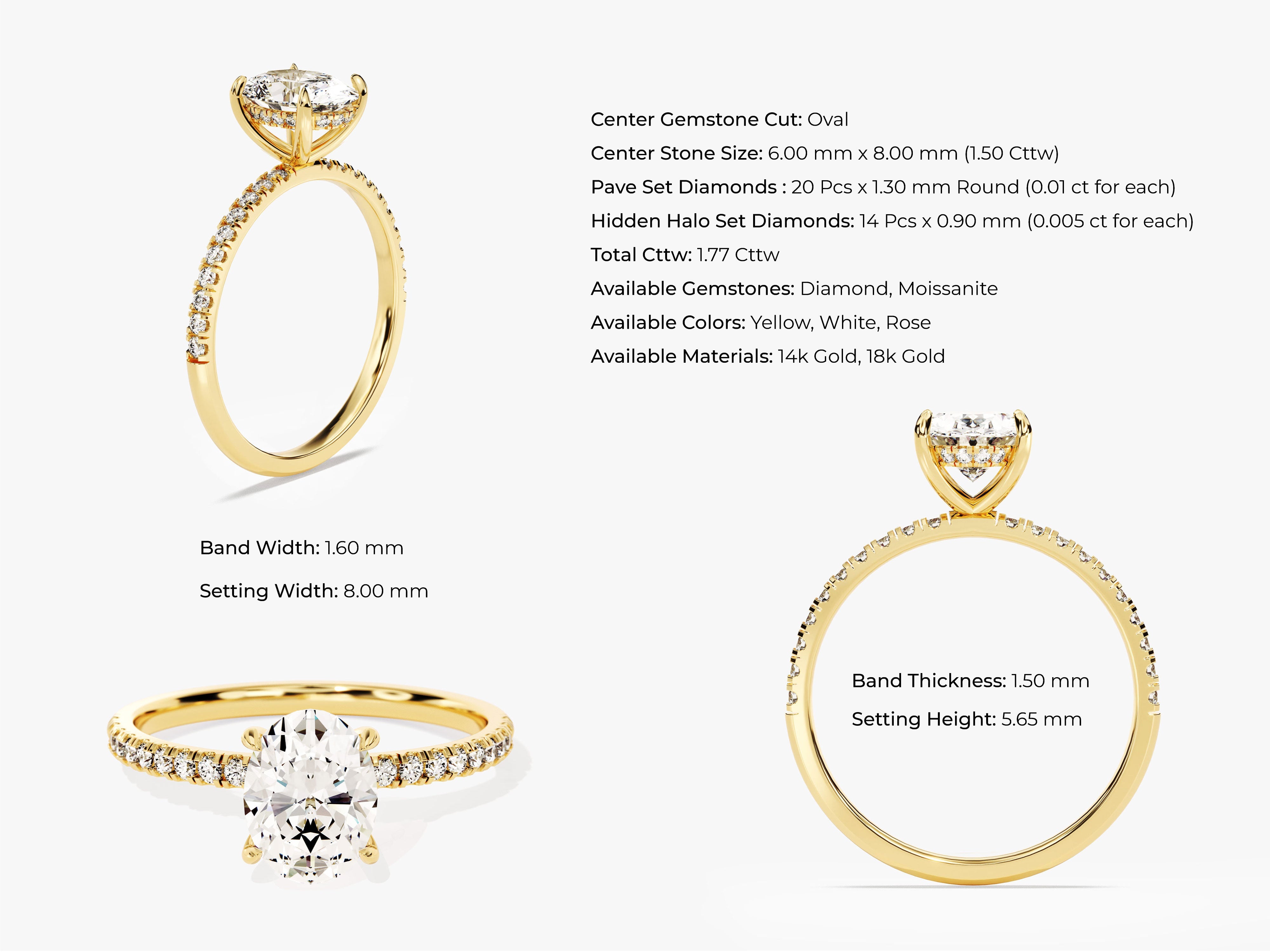 Hidden Halo Oval Moissanite Engagement Ring with Sidestones (1.50 CT)