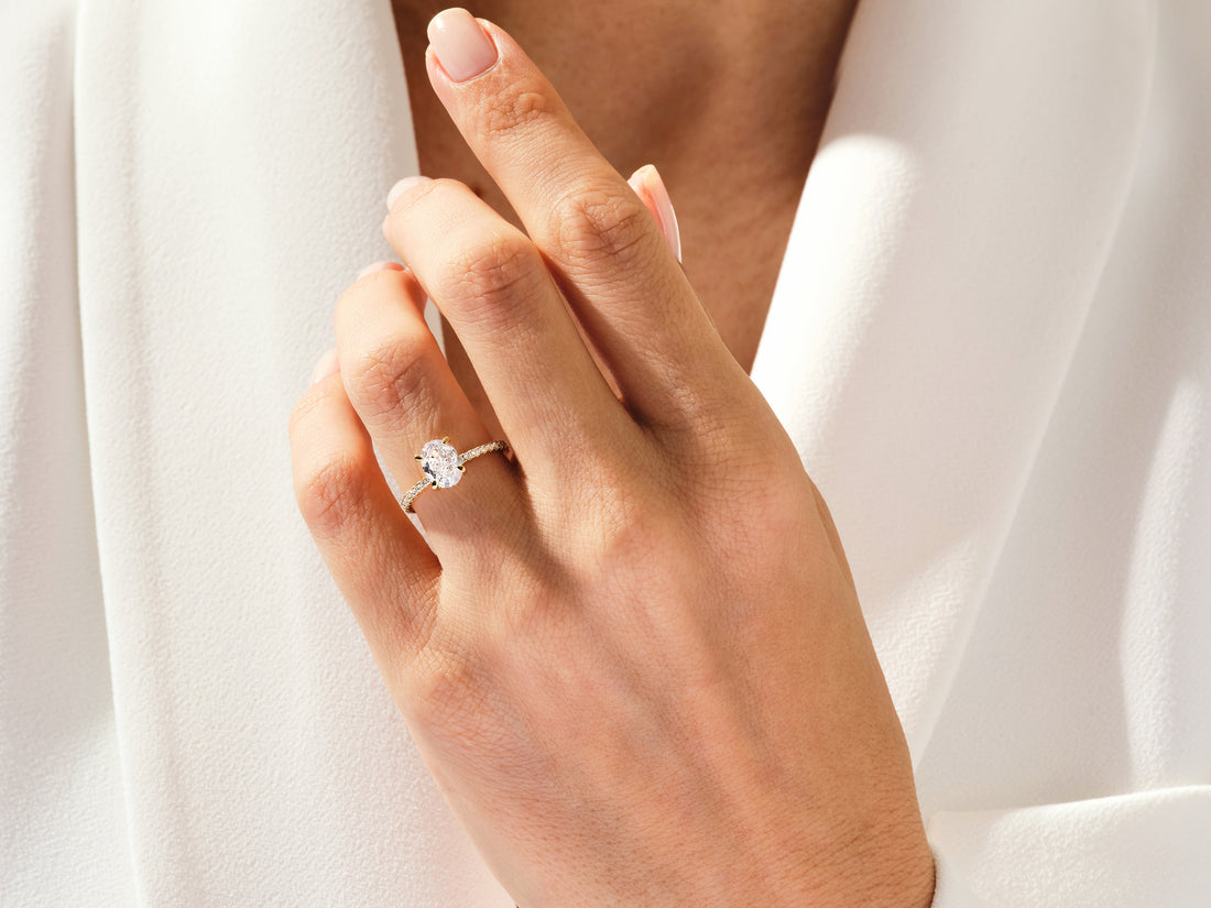 Hidden Halo Oval Moissanite Engagement Ring with Sidestones (1.50 CT)