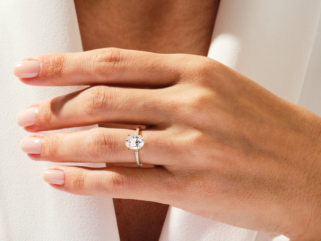 Hidden Halo Oval Moissanite Engagement Ring with Sidestones (2.00 CT)