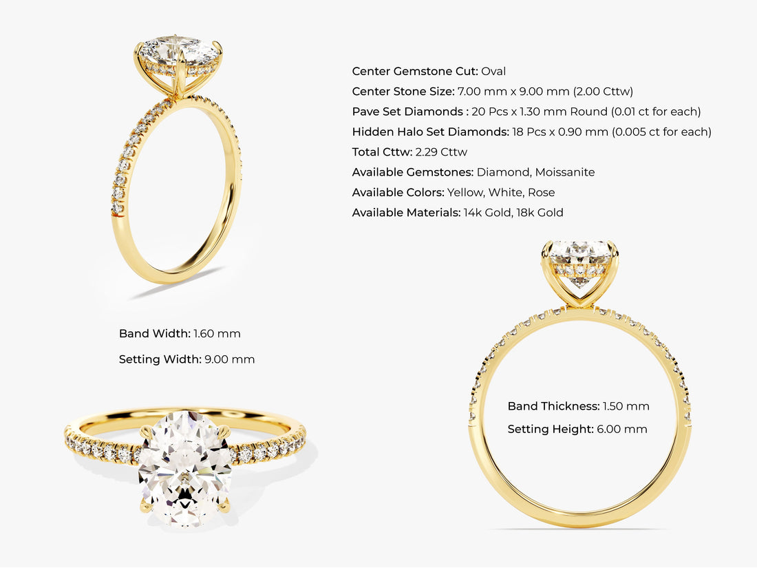 Hidden Halo Oval Moissanite Engagement Ring with Sidestones (2.00 CT)