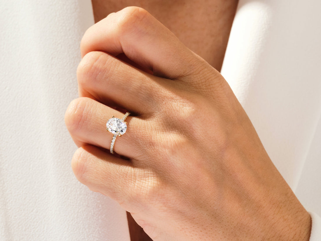 Hidden Halo Oval Moissanite Engagement Ring with Sidestones (2.00 CT)