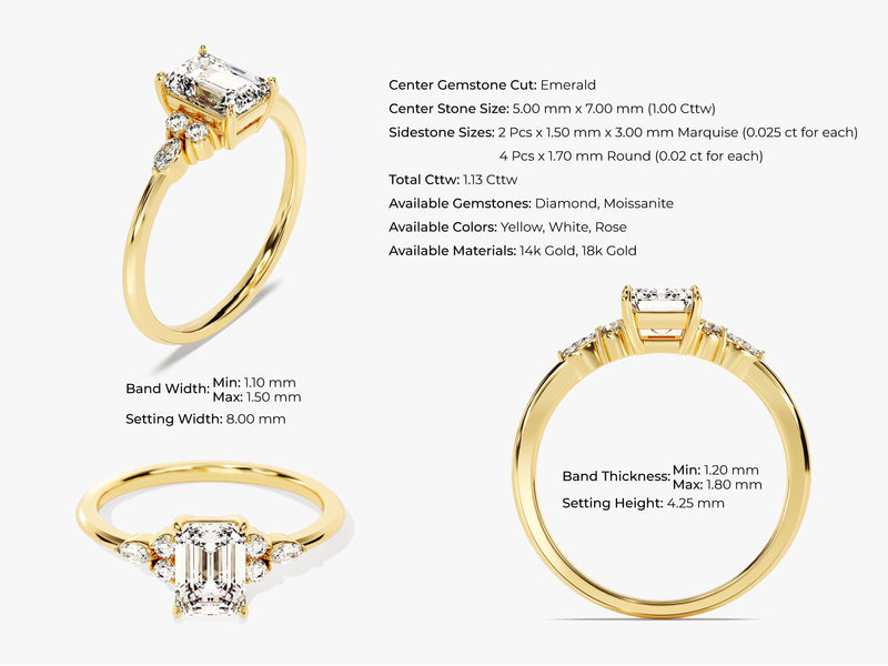 Round and Marquise Cluster Emerald Moissanite Engagement Ring (1.00 CT)