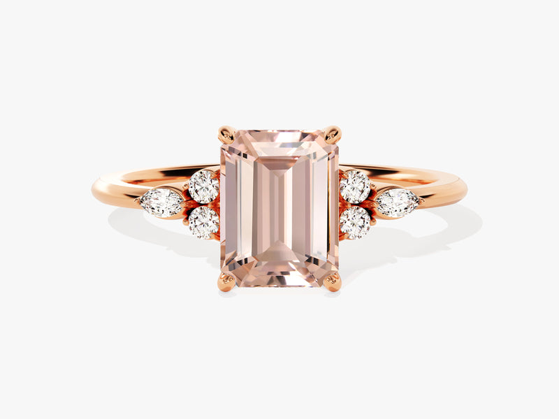 Emerald Cut Peach Morganite Engagement Ring with Round and Marquise Sidestones