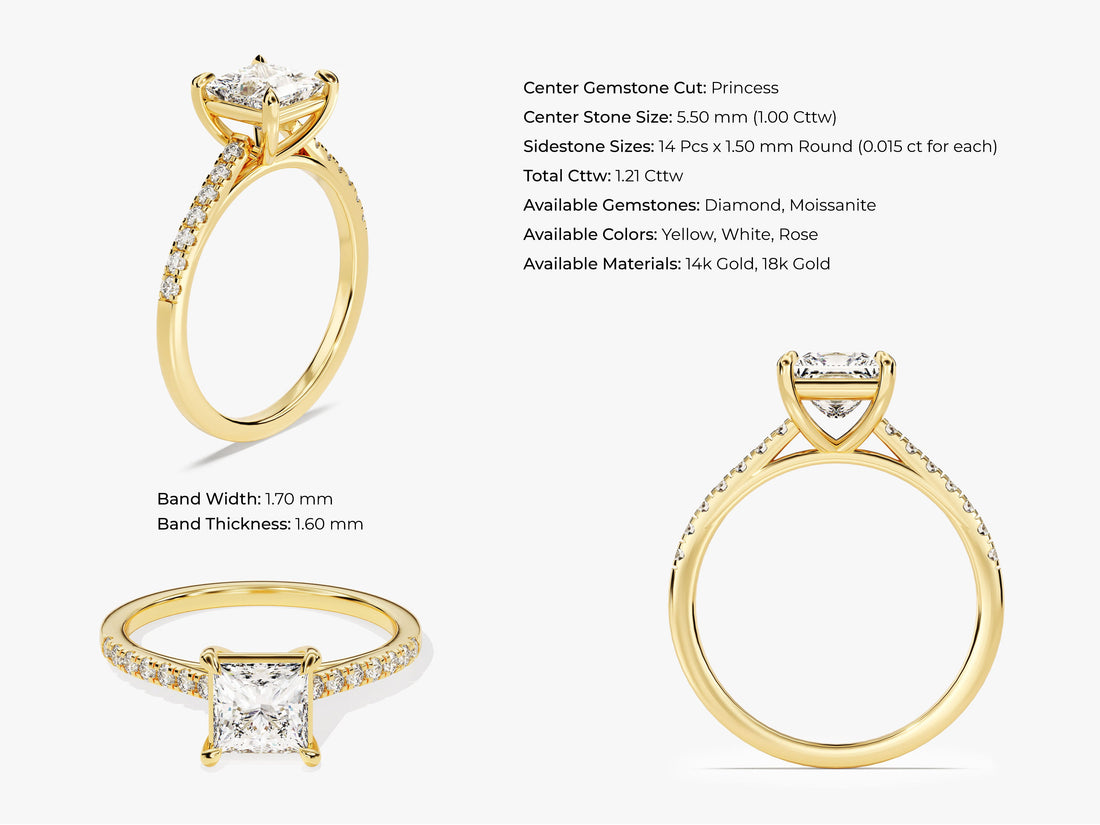 Princess Cut Moissanite Engagement Ring with Pave Set Side Stones (1.00 CT)