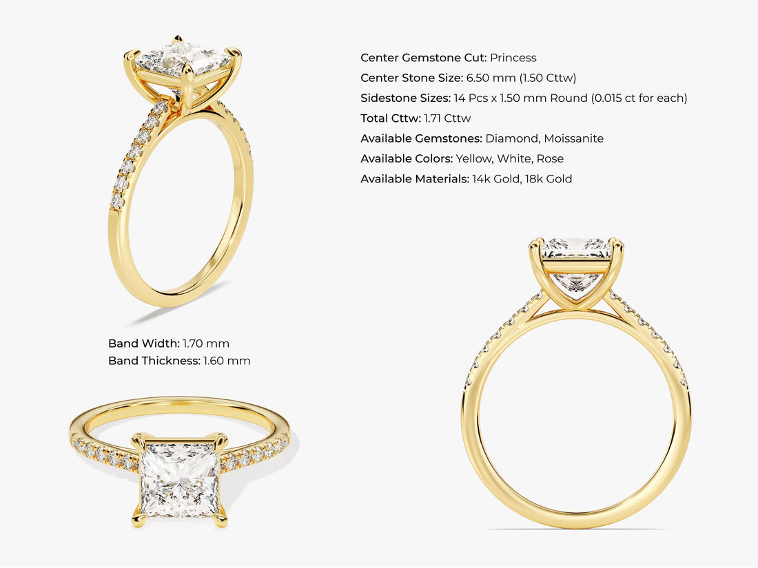 Princess Cut Moissanite Engagement Ring with Pave Set Side Stones (1.50 CT)