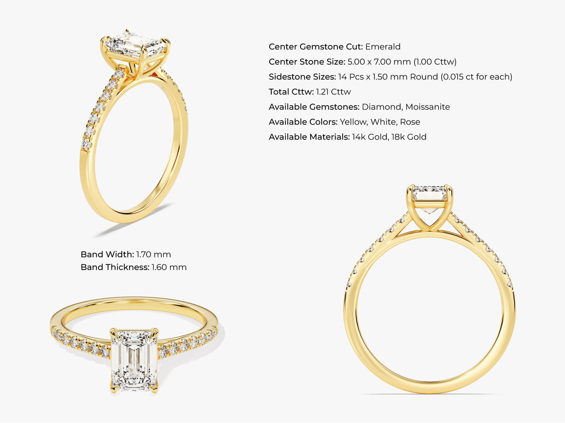 Emerald Cut Moissanite Engagement Ring with Pave Set Side Stones (1.00 CT)