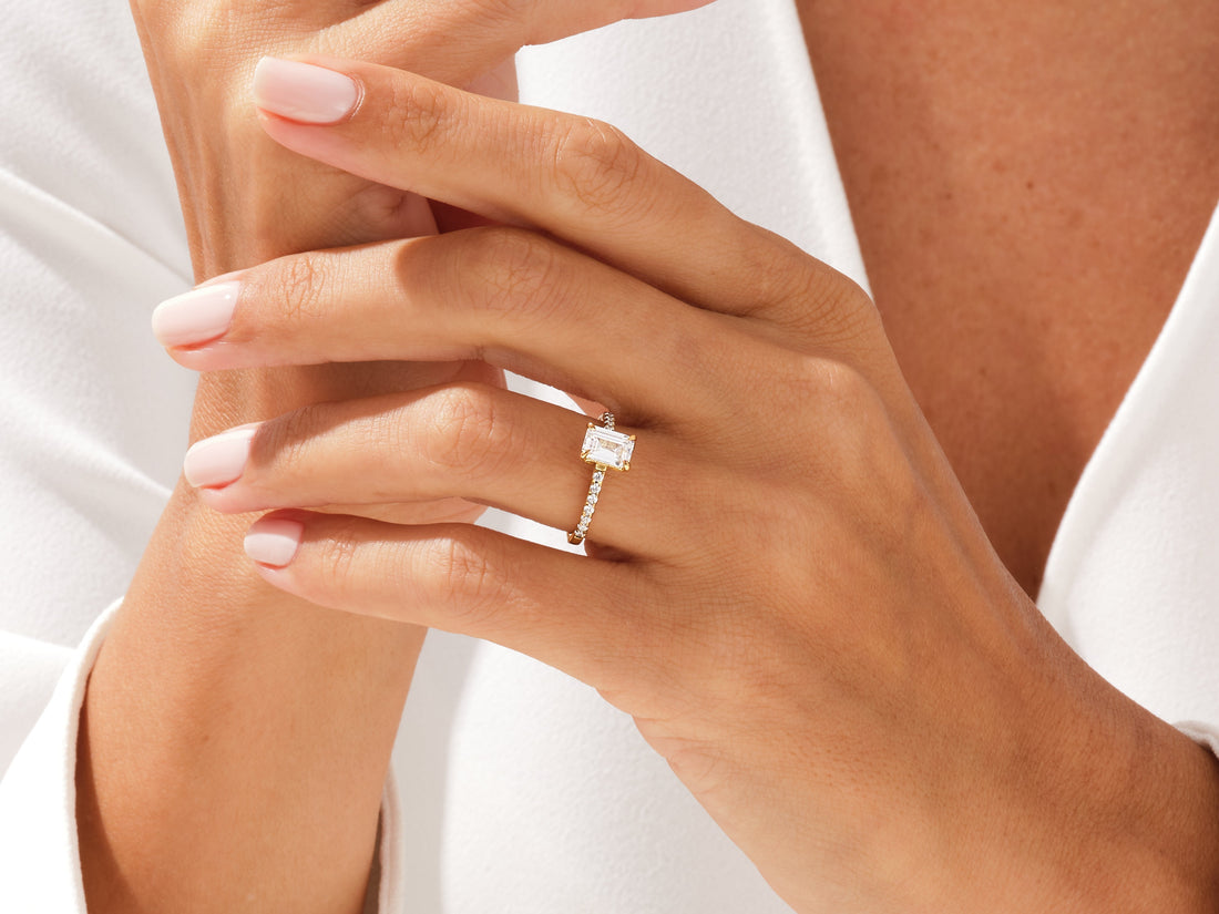 Emerald Cut Moissanite Engagement Ring with Pave Set Side Stones (1.00 CT)