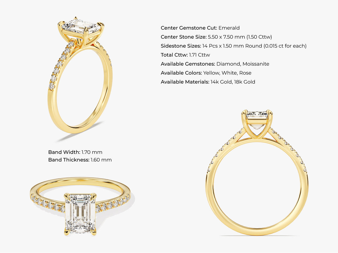 Emerald Cut Moissanite Engagement Ring with Pave Set Side Stones (1.50 CT)