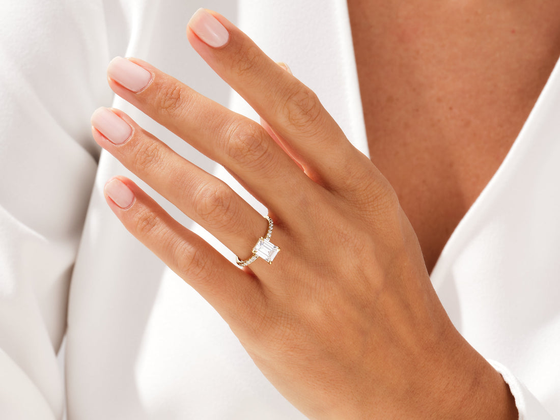 Emerald Cut Moissanite Engagement Ring with Pave Set Side Stones (1.50 CT)