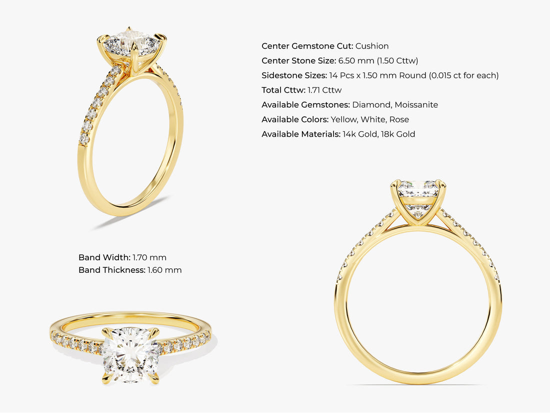 Cushion Cut Moissanite Engagement Ring with Pave Set Side Stones (1.50 CT)