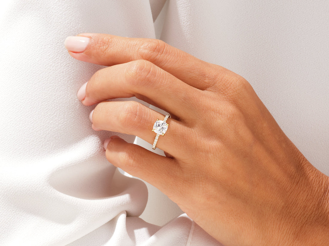 Cushion Cut Moissanite Engagement Ring with Pave Set Side Stones (1.50 CT)