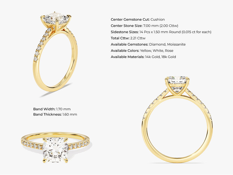 Cushion Cut Moissanite Engagement Ring with Pave Set Side Stones (2.00 CT)