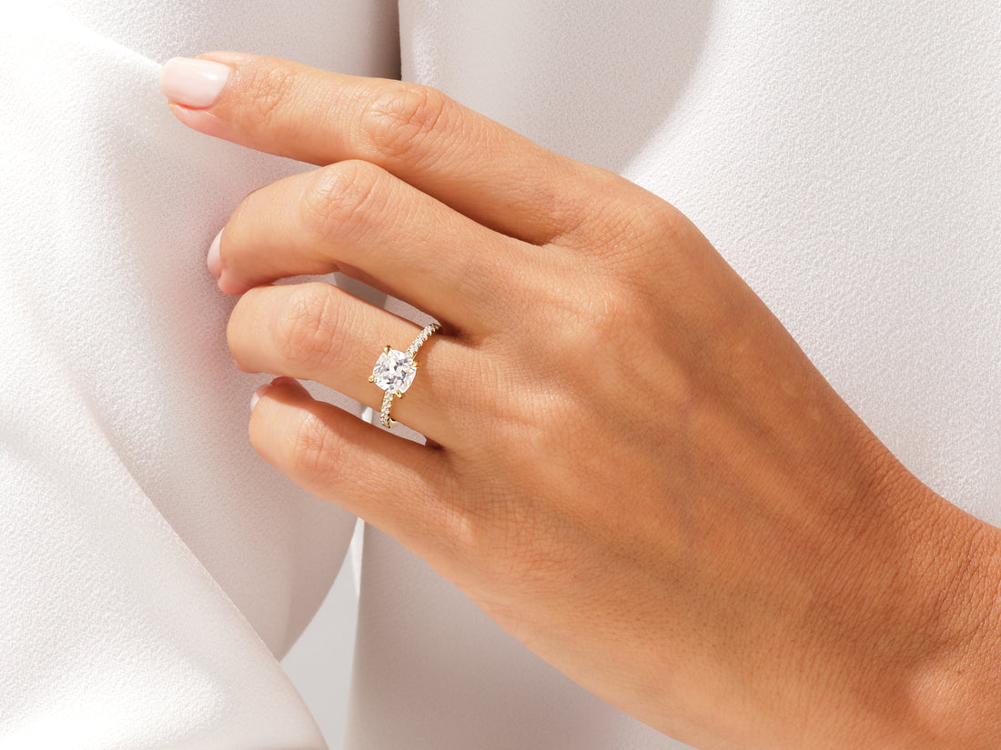Cushion Cut Moissanite Engagement Ring with Pave Set Side Stones (2.00 CT)