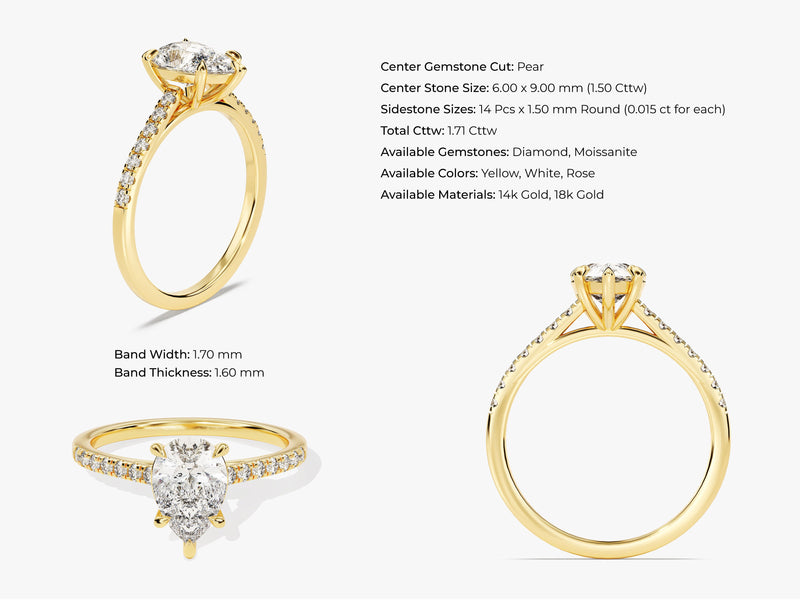Pear Cut Moissanite Engagement Ring with Pave Set Side Stones (1.50 CT)