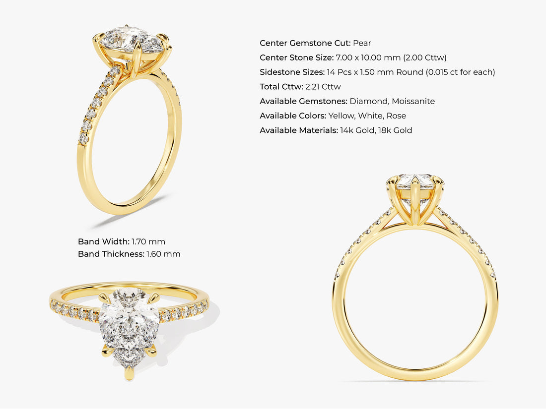 Pear Cut Moissanite Engagement Ring with Pave Set Side Stones (2.00 CT)
