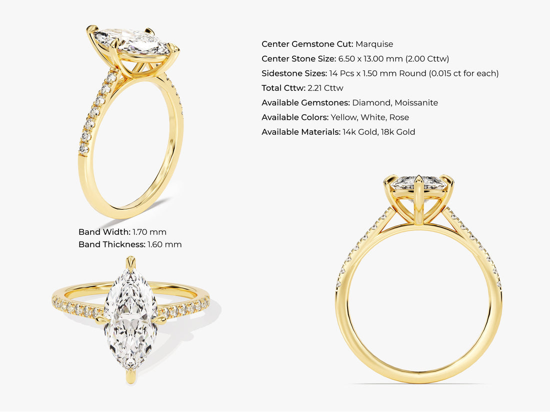 Marquise Cut Moissanite Engagement Ring with Pave Set Side Stones (2.00 CT)