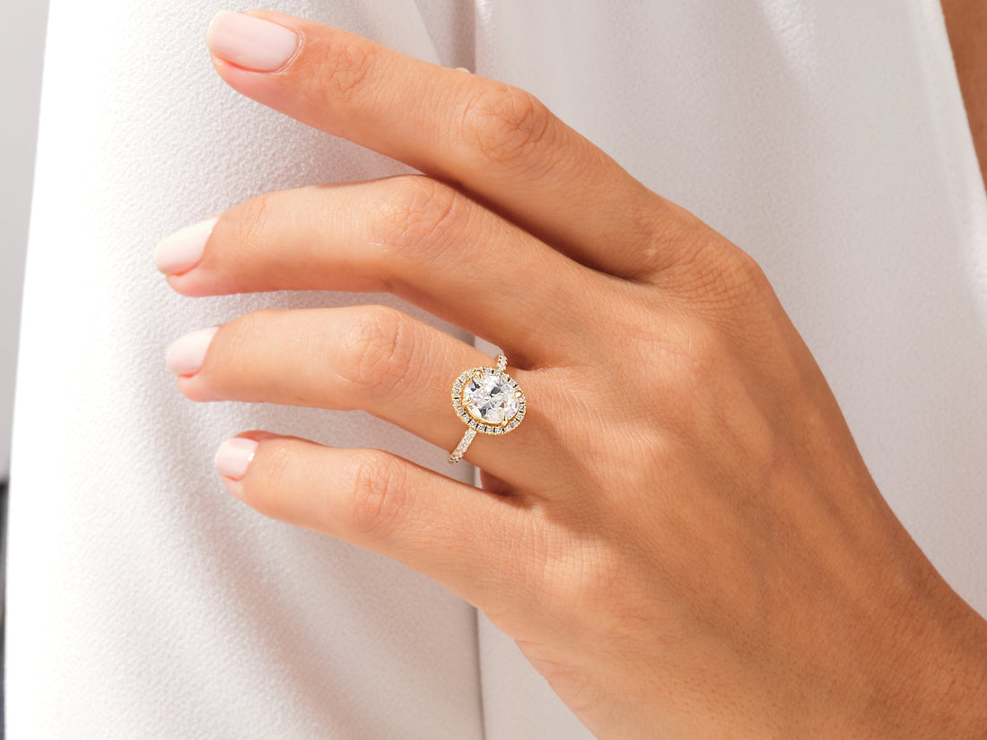 Oval Halo Moissanite Engagement Ring with Pave Set Side Stones (2.00 CT)