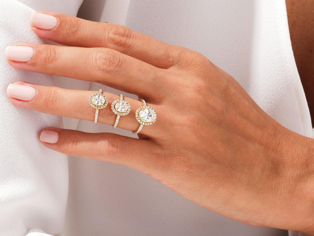Oval Halo Moissanite Engagement Ring with Pave Set Side Stones (1.00 CT)