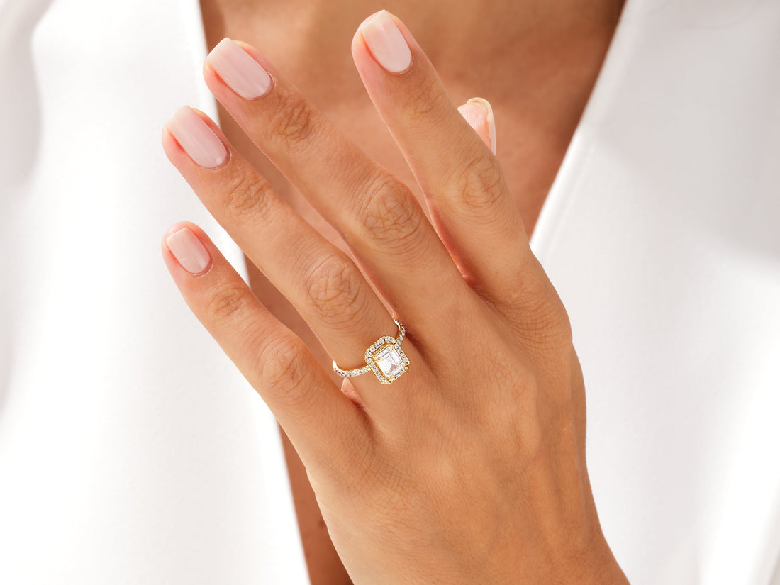 Emerald Halo Moissanite Engagement Ring with Pave Set Side Stones (1.00 CT)