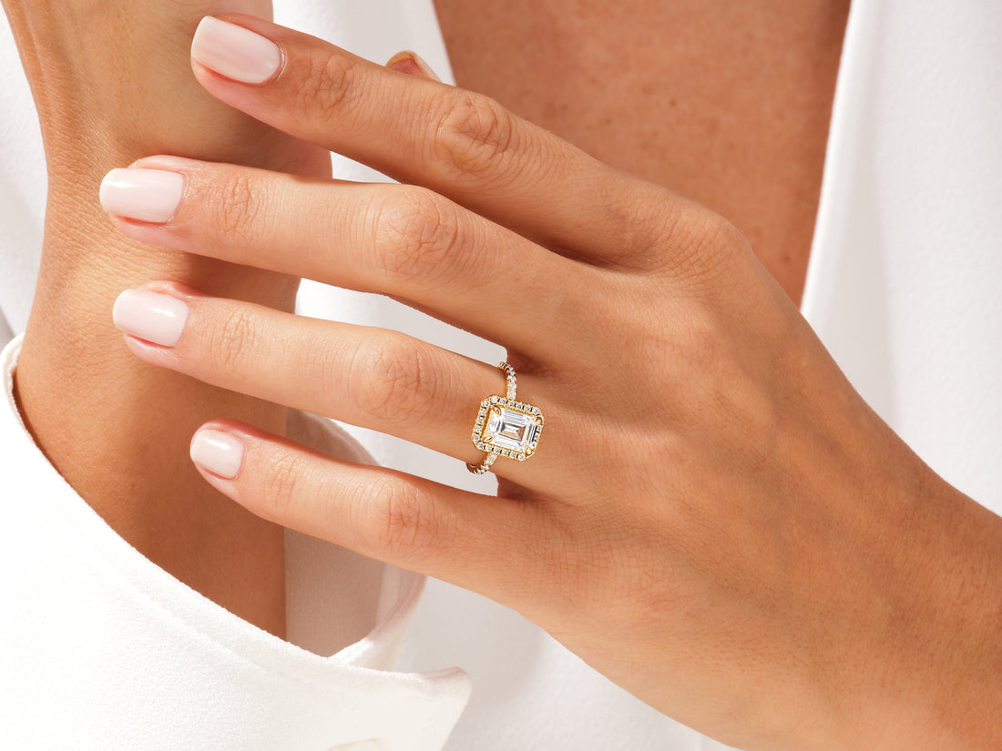 Emerald Halo Moissanite Engagement Ring with Pave Set Side Stones (1.50 CT)