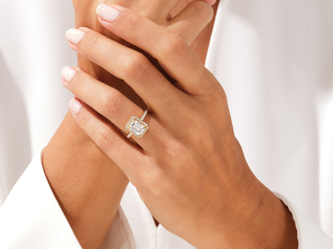 Emerald Halo Moissanite Engagement Ring with Pave Set Side Stones (2.00 CT)
