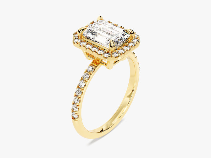 Emerald Halo Moissanite Engagement Ring with Pave Set Side Stones (2.00 CT)