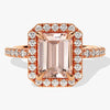 Emerald Cut Peach Morganite Halo Engagement Ring with Sidestones