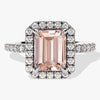 Emerald Cut Peach Morganite Halo Engagement Ring with Sidestones