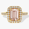 Emerald Cut Peach Morganite Halo Engagement Ring with Sidestones