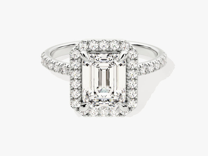 Emerald Halo Moissanite Engagement Ring with Pave Set Side Stones (2.00 CT)