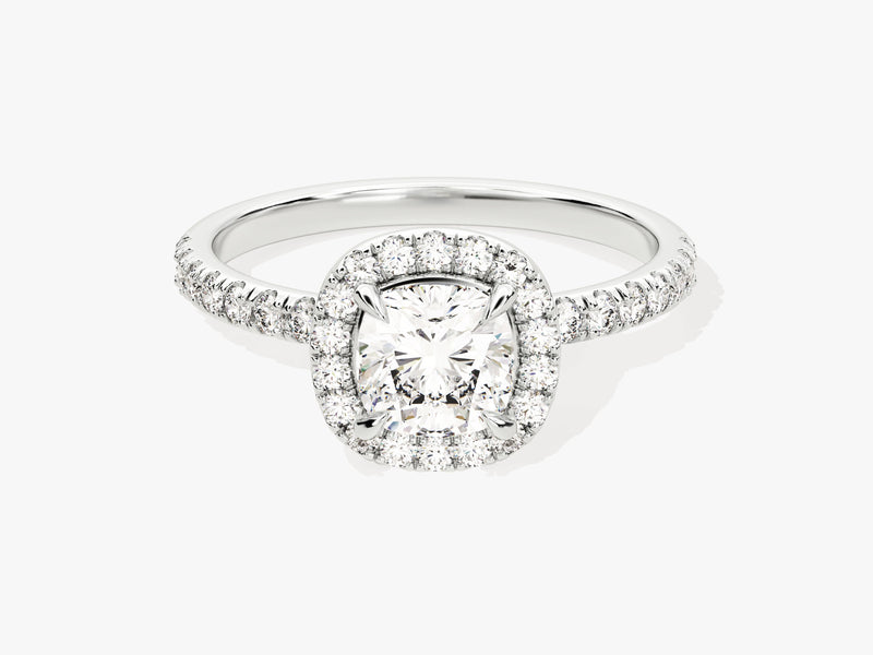 Cushion Halo Moissanite Engagement Ring with Pave Set Side Stones (1.00 CT)