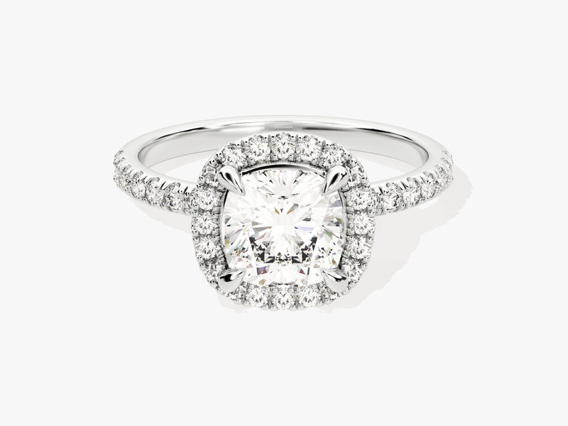 Cushion Halo Moissanite Engagement Ring with Pave Set Side Stones (1.50 CT)