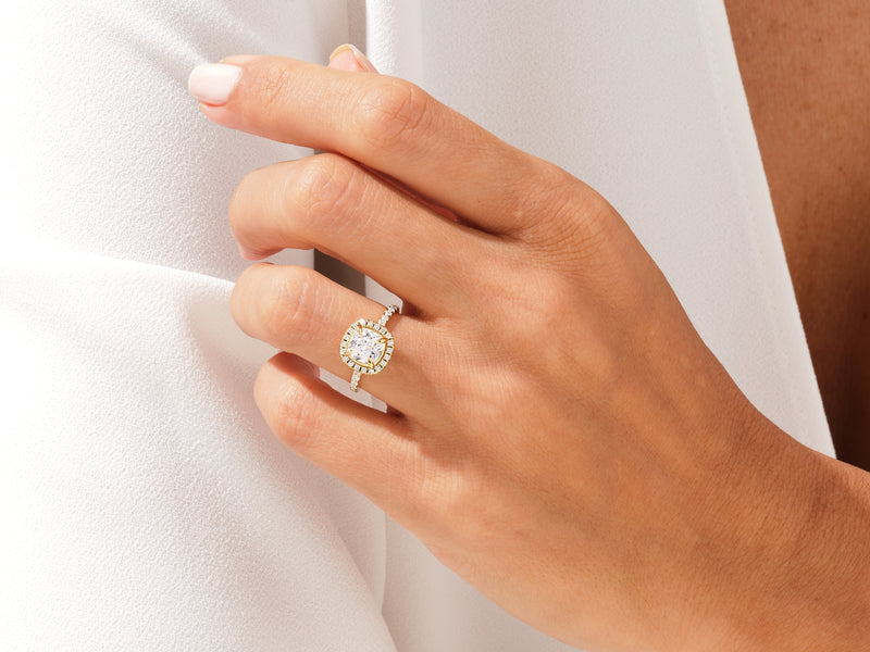 Cushion Halo Moissanite Engagement Ring with Pave Set Side Stones (1.50 CT)