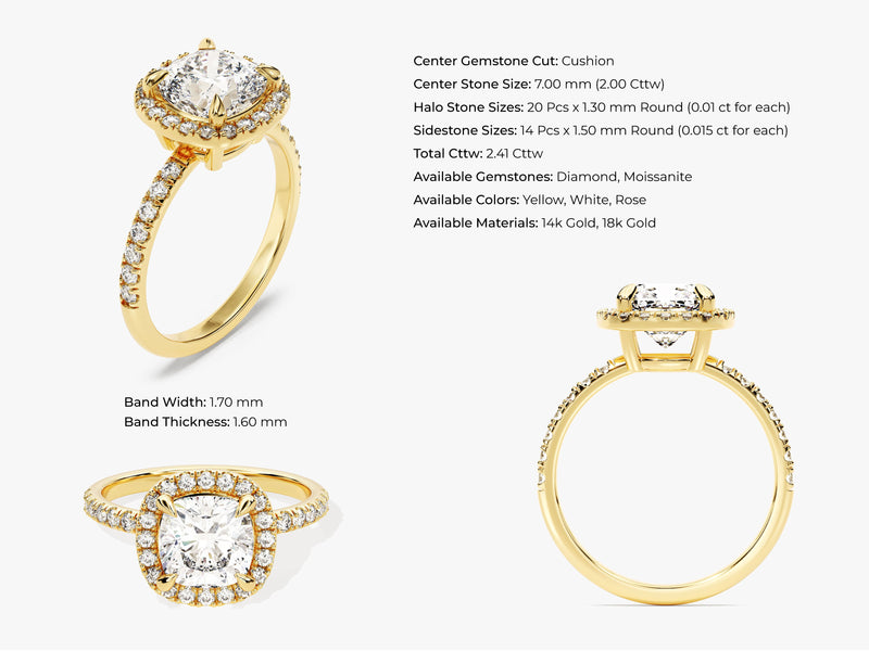 Cushion Halo Moissanite Engagement Ring with Pave Set Side Stones (2.00 CT)