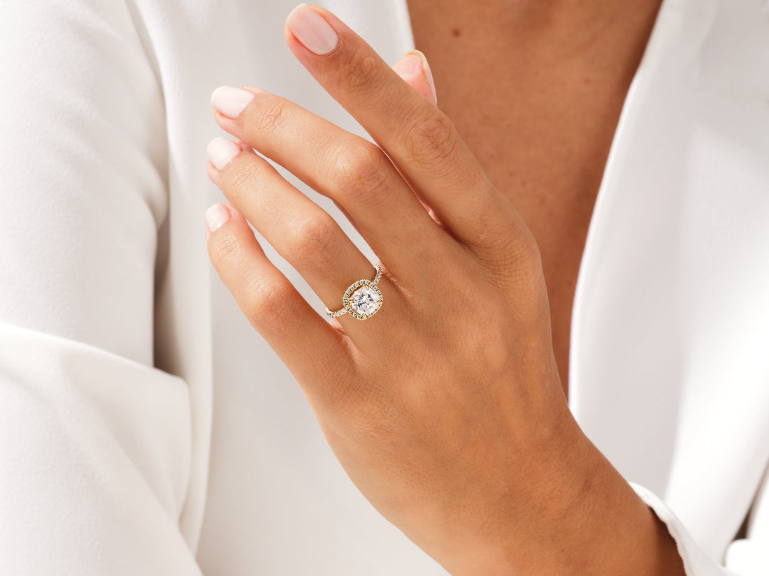 Cushion Halo Moissanite Engagement Ring with Pave Set Side Stones (2.00 CT)